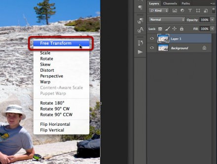Selecting the Free Transform option. Selecting the Free Transform option.