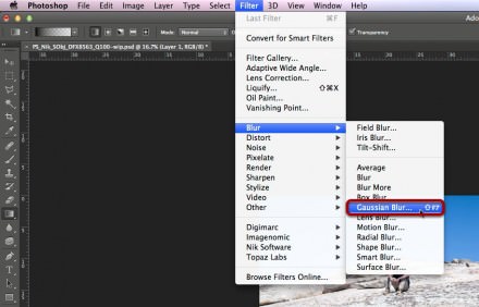Selecting the Gaussian Blur filter. Selecting the Gaussian Blur filter.